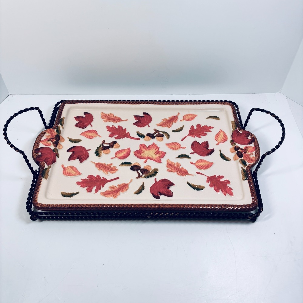 Temptations by Tara Handpainted Harvest Embossed Platter with iron carry rack